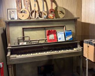 Player Piano - parts for making it playable, Tamborine, Ukulele, banjo frames, harp, music books 390 Rolls in individual boxes for player piano