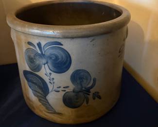 Salt Glazed Stoneware Crock - Tan/beige salt glaze with hand brushed cobalt blue flora/berry motif 1 or 2 gal