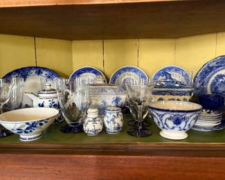 More Blue and White Covered Dishes, salt and pepper, Platters, Plates, dessert plates, stemware with cobalt blue stems
