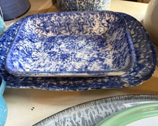 Blue and White Sponge ware rectangular baking dish and platter