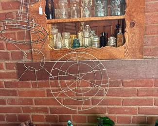 Wire canning items, beverage/jar holder. Nice bottles, blue canning jars, Insulators