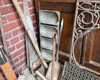 Bread Pan, HR Branding Iron, 2 vintage saws, iron grates, Fireplace utensils