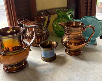 Vintage pitchers Turq vase and Green depression glass Pitcher