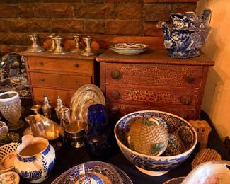 2 Mini Chests, Cobalt Blue Pitcher, Weighted Sterling Silver candle holders, Blue and white bowl (has small crack, creamer, glass, hobnail glass and candy dish