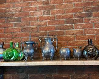 Decanteers, pewter and electroplate coffee makers, sugar and creamer set
