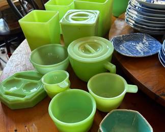 Uranium Jadite, covered dishes, measuring cups, egg plates