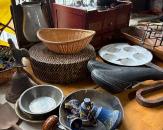 sewing basket, bell, cast iron skillet primitives