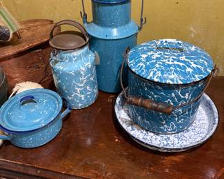 Blue Swirl Ganite ware, covered small pot, Pieplate, Beverage cannisters, berry picking bucket with lid and handle