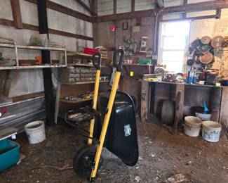 Wheelbarrow and tools