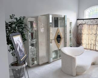 classic 1980s illuminated mirror and glass entertainment piece, set of original Weiman cloud sofas