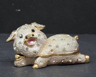 Pig-Shaped Jeweled Trinket Box with Hinged Lid