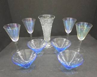 Iridized Glass Stemware & Pressed Glass Vase