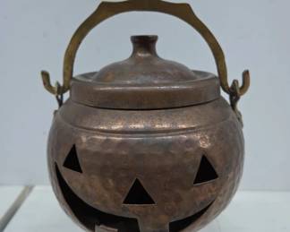 Hammered Copper Jack-O'-Lantern Pail With Lid