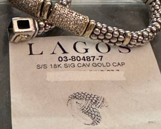 Fabulous LAGOS caviar diamond, sterling, 18k yellow gold station bracelet with 3 large diamond links.