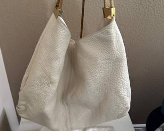 White/ivory leather FURLA tote with gold mesh handle