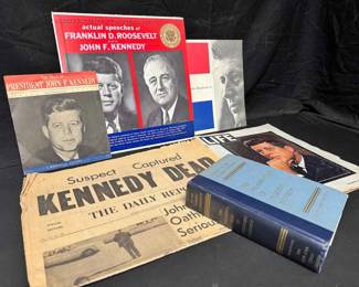 UM412JFK FDR memorial Collection Vinyl Records, LIFE Mag, 1963 Newspaper Warren Commission Book