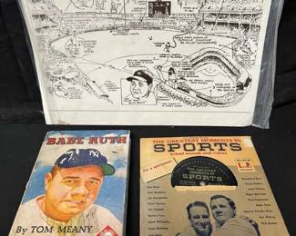 UM499Vintage Babe Ruth Tom Meany Book, Greatest Moments In Sports Record, Yankee Stadium Map