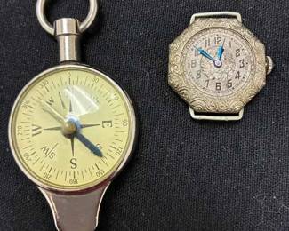 UM397Vintage 1920s Art Deco Ladies Watch Pocket Compass With Map Measure Opisometer