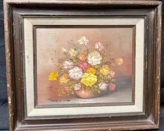 UM338Vintage Robert Cox Signed Floral Still Life Original Oil Painting Framed