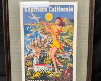 UM339Vintage 1950s Southern California United Airlines Travel Poster By Joseph Feher