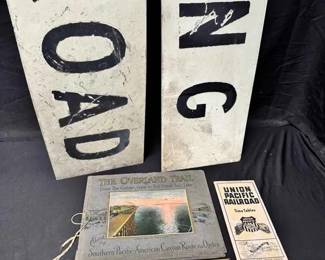 UM460Vintage Railroad Large Metal Crossing Signs, Overland Trails Book, And Railroad Tickets