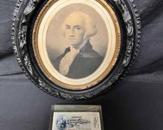 UM437George Washington Framed Portrait Print with 1981 Inaugural Brass Ticket 1884 Convention Ticket