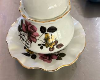 vintage porcelain covered sugar bowl and saucer