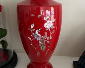 vintage red enamel and brass vase