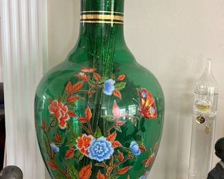 vintage hand-painted emerald green glass vase