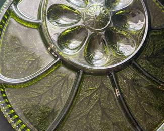 vintage green glass deviled egg and relish platter