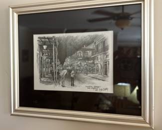 vintage pencil drawing or lithograph print of Bourbon Street in New Orleans by artist Don Davey