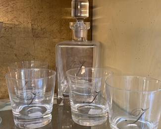 clear glass whiskey decanter and matching lowball glass set