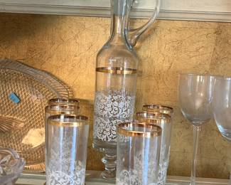 vintage glass decanter and matching cordial stem glasses 
