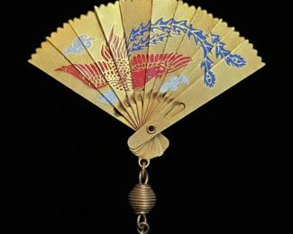 Vintage Japanese Fan Charm Pendant with Phoenix and Dragon Motif