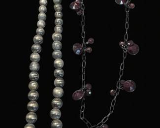 Vintage Pyrite Bead Necklace and Dark Red Crystal Charm Necklace Set