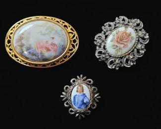 Collection of Three Vintage Porcelain Brooches Portrait, Rose, and Courting Scene