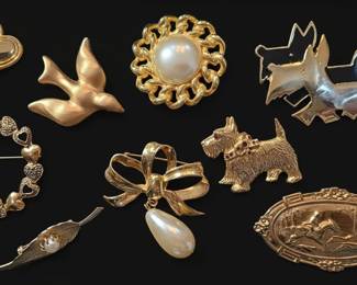 Assorted Vintage Costume Jewelry Brooches Figural Dog, Bird, Bow, and Scenic Motifs