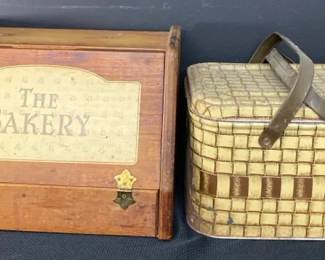 Vintage Wood Breadbox And Metal Picnic Basket Tin