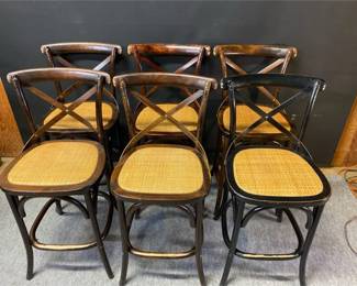 Set Of Six Wood And Rattan Counter Height Chairs