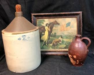 Vintage Stoneware Standard 2 Jug With Corncob Stopper, Rustic Small Stoneware Jug And Vintage Print