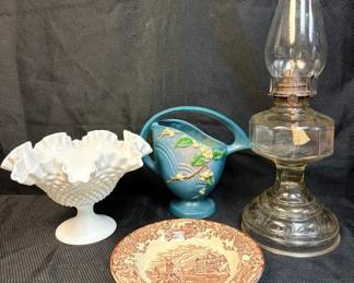 Vintage Oil Lamp Milk Glass Roseville Vase And Cyprus Plate