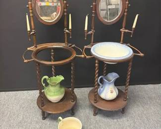 Pair Of Vintage Washstands Featuring Pivoted Oval Mirror And Spindle Legs Wash Bowl Pitchers