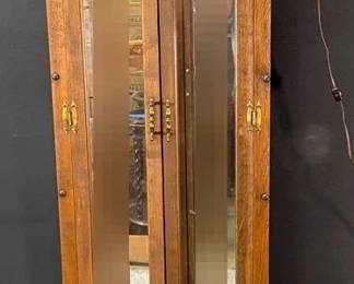 Tall Wooden Lighted Curio Cabinet With Arched Crown Top And Mirrored Back With 5 Glass Shelves