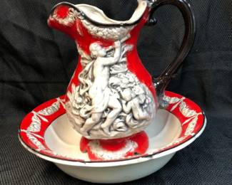 Vintage Italian Red Ceramic Pitcher And Basin Set With High Relief Cherubs