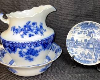 Flow Blue White Wash Bowl And Pitcher With A Plate
