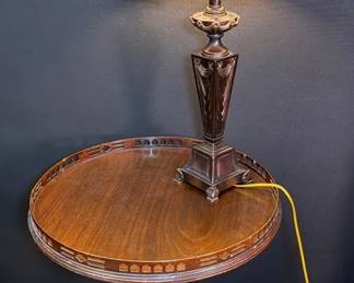 Chippendale Style Mahogany Tripod Table With Slotted Gallery Rim With Metal Lamp