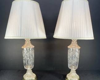 Pair Of Zawiercie 247 Lead Crystal Table Lamps With Pleated Fabric Shades