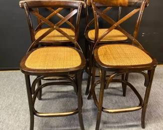 Set Of Four Counter Height Wood And Rattan Chairs