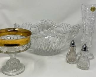 Oneida Crystal Augusta Oval Bowl, Indiana Glass Pedestal Compote, Cristal dArquesDurand Vase