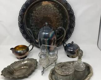 Home Decorators Silver Tone Tea Service Set, Silver Plated Glass Box And More